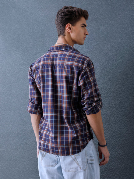 Men Relax fit Navy Brown Checked Campus Casual Shirt