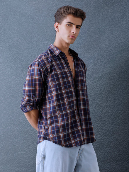 Men Relax fit Navy Brown Checked Campus Casual Shirt