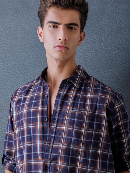 Men Relax fit Navy Brown Checked Campus Casual Shirt