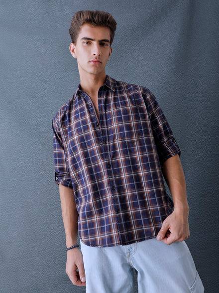 Men Relax fit Navy Brown Checked Campus Casual Shirt