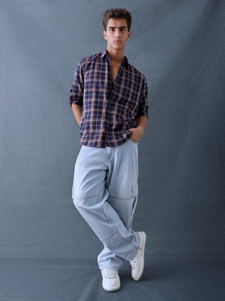 Men Relax fit Navy Brown Checked Campus Casual Shirt