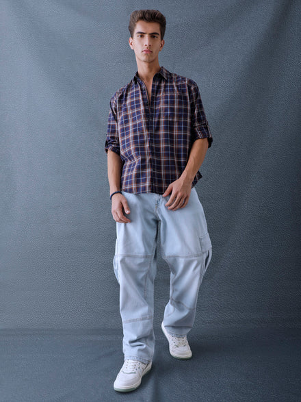 Men Relax fit Navy Brown Checked Campus Casual Shirt