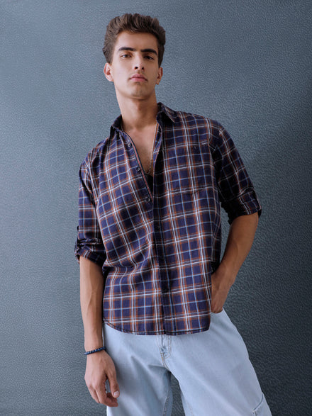 Men Relax fit Navy Brown Checked Campus Casual Shirt