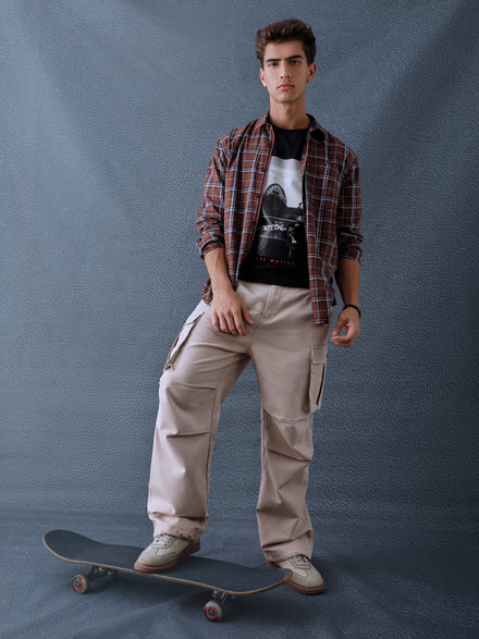 Men Relax fit Brown Checked Campus Casual Shirt