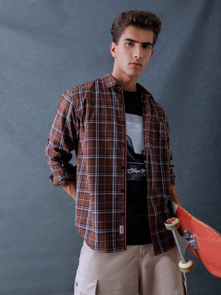 Men Relax fit Brown Checked Campus Casual Shirt