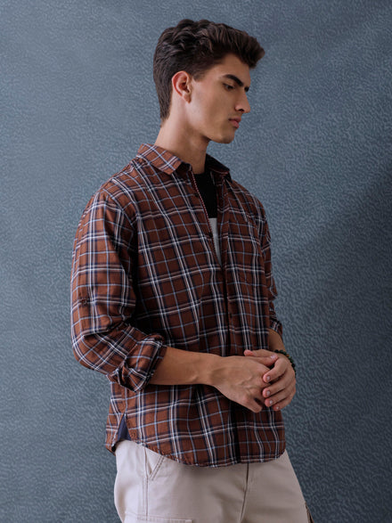 Men Relax fit Brown Checked Campus Casual Shirt
