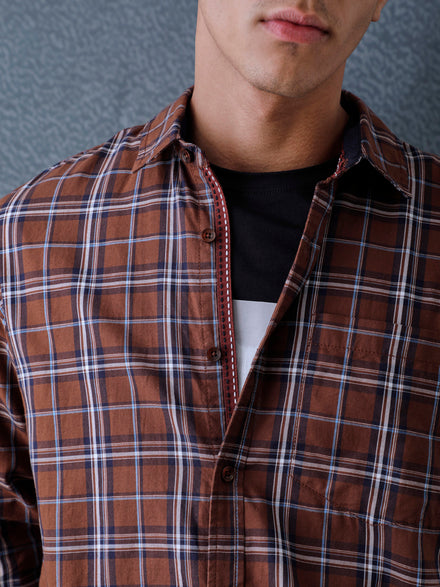 Men Relax fit Brown Checked Campus Casual Shirt