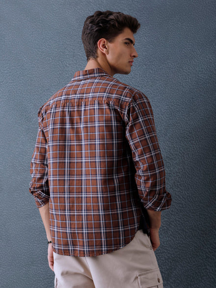 Men Relax fit Brown Checked Campus Casual Shirt
