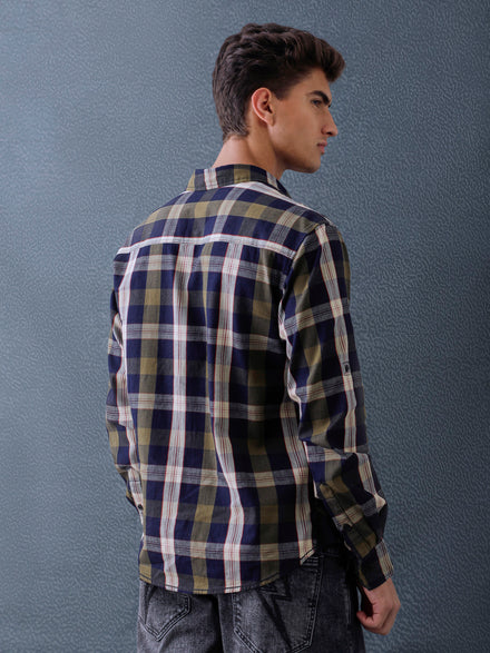 Men Relax fit Ecru Navy Courdroy Checked Casual Shirt