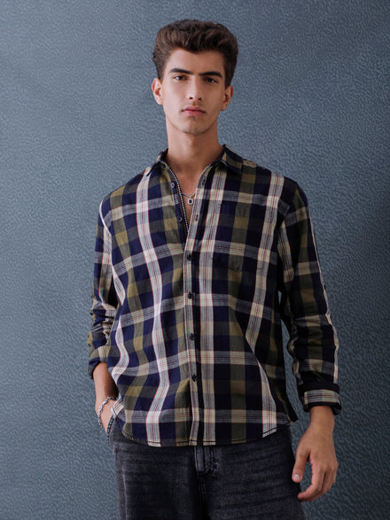 Men Relax fit Ecru Navy Courdroy Checked Casual Shirt