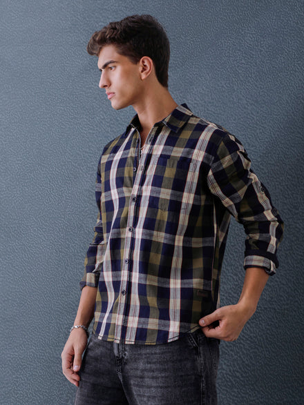 Men Relax fit Ecru Navy Courdroy Checked Casual Shirt
