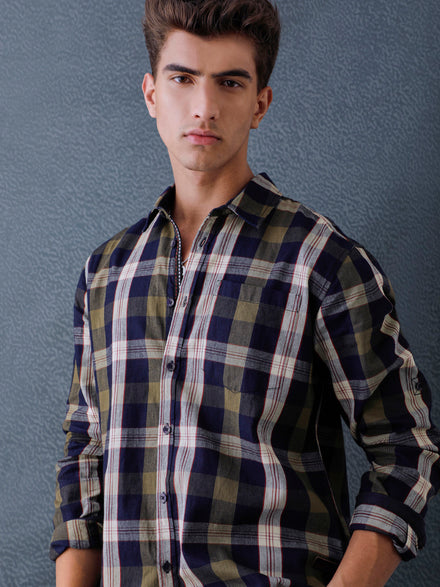 Men Relax fit Ecru Navy Courdroy Checked Casual Shirt