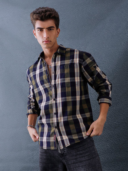 Men Relax fit Ecru Navy Courdroy Checked Casual Shirt