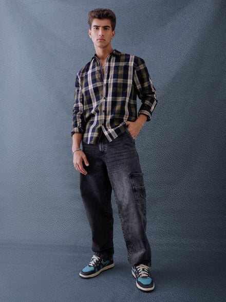 Men Relax fit Ecru Navy Courdroy Checked Casual Shirt