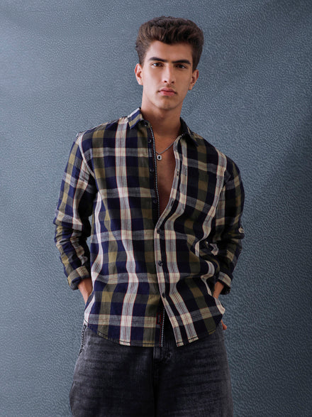 Men Relax fit Ecru Navy Courdroy Checked Casual Shirt