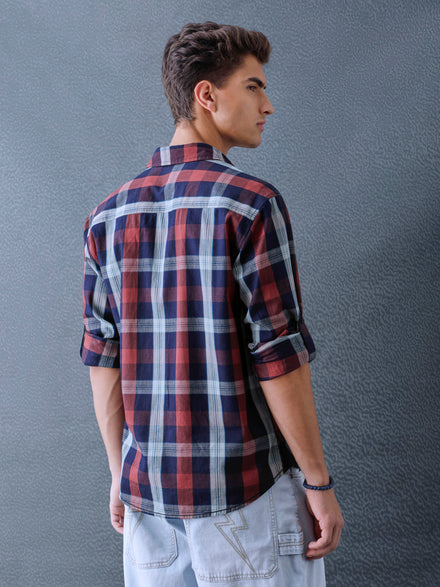Men Relax fit Maroon Navy Courdroy Checked Casual Shirt