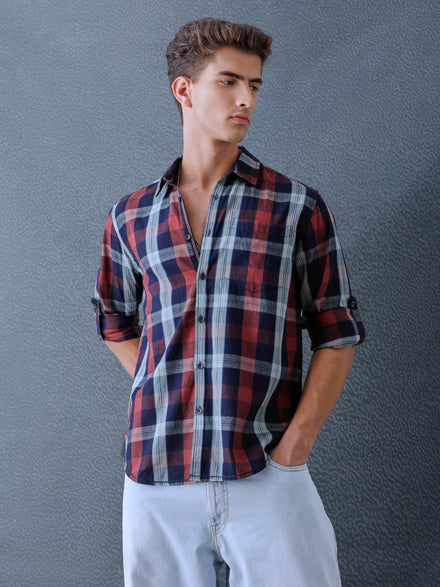 Men Relax fit Maroon Navy Courdroy Checked Casual Shirt