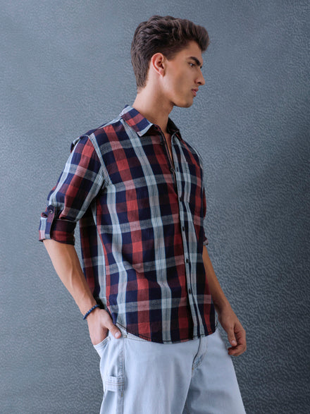 Men Relax fit Maroon Navy Courdroy Checked Casual Shirt