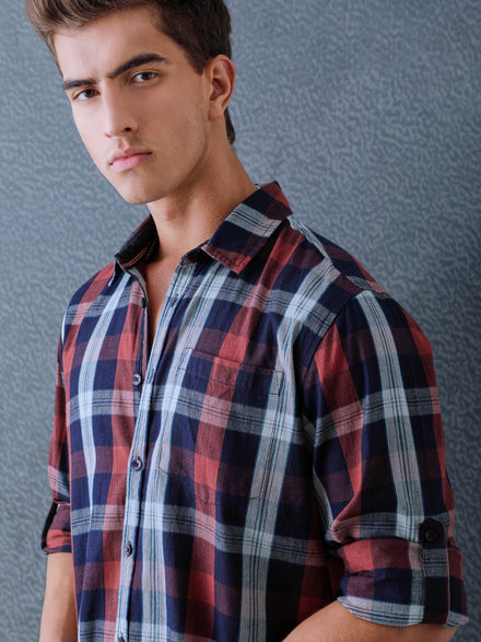 Men Relax fit Maroon Navy Courdroy Checked Casual Shirt