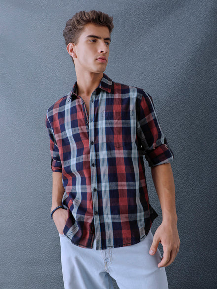 Men Relax fit Maroon Navy Courdroy Checked Casual Shirt