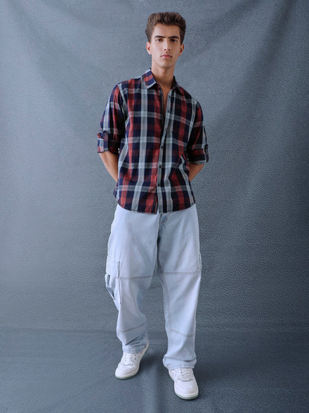 Men Relax fit Maroon Navy Courdroy Checked Casual Shirt