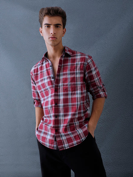 Men Relax fit Maroon Checked Campus Casual Shirt