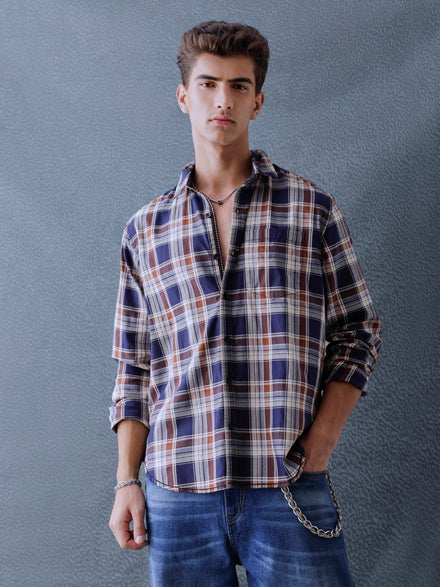 Men Relax fit Navy Ecru Checked Campus Casual Shirt