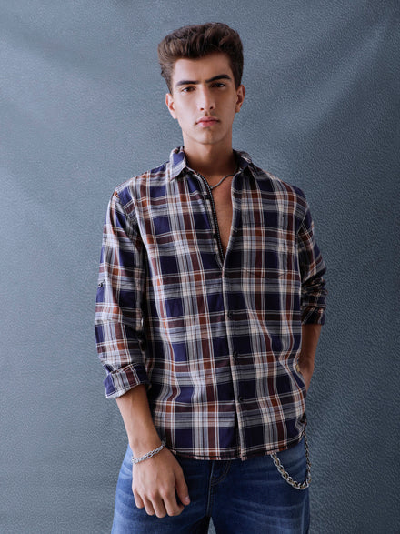 Men Relax fit Navy Ecru Checked Campus Casual Shirt