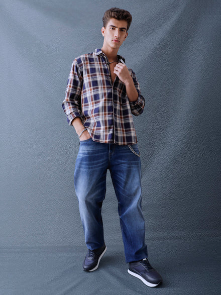 Men Relax fit Navy Ecru Checked Campus Casual Shirt