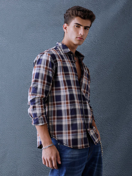 Men Relax fit Navy Ecru Checked Campus Casual Shirt