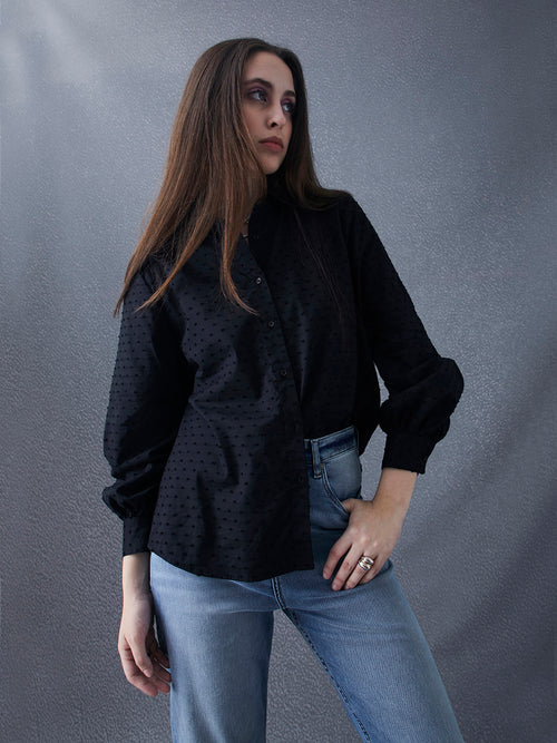 Women Relax fit premium cotton dobby self structured black casual shirt