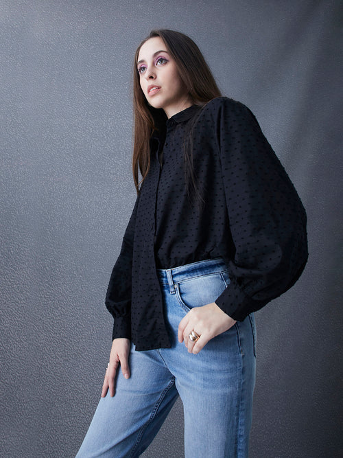 Women Relax fit premium cotton dobby self structured black casual shirt