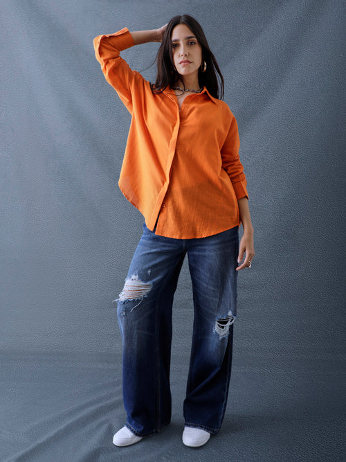 Women Oversize Orange Cotton Casual shirt