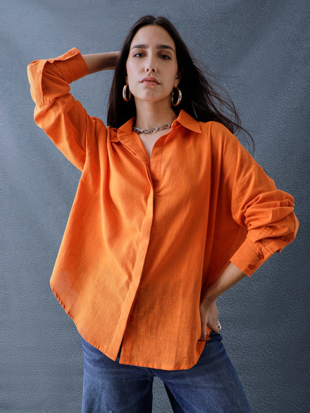 Women Oversize Orange Cotton Casual shirt