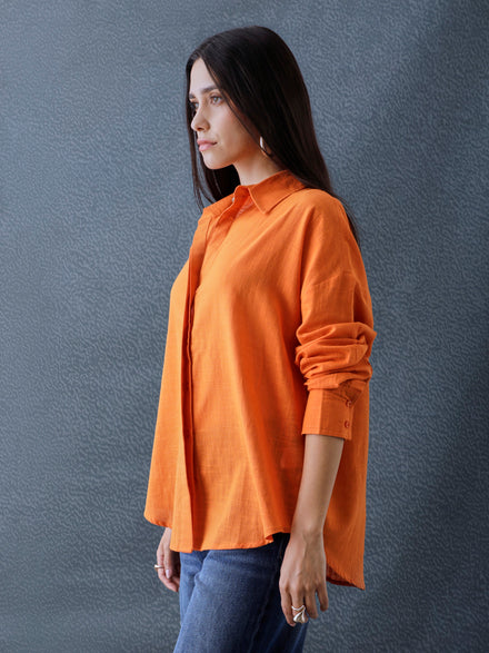Women Oversize Orange Cotton Casual shirt