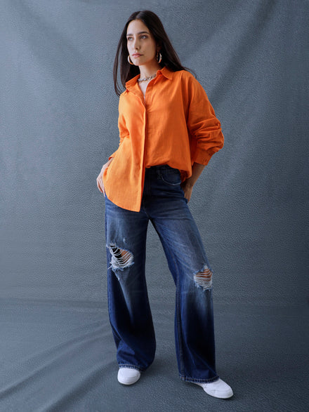 Women Oversize Orange Cotton Casual shirt