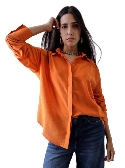 Women Oversize Orange Cotton Casual shirt