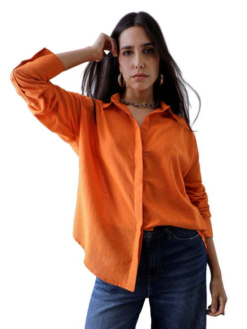 Women Oversize Orange Cotton Casual shirt