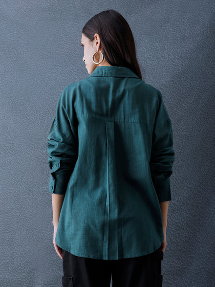 Women Oversize Teal Green Cotton Casual shirt