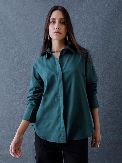 Women Oversize Teal Green Cotton Casual shirt