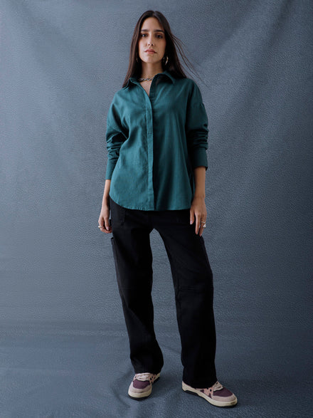 Women Oversize Teal Green Cotton Casual shirt
