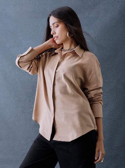 Women Oversize Beige Cotton Casual shirt