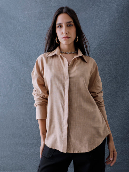Women Oversize Beige Cotton Casual shirt