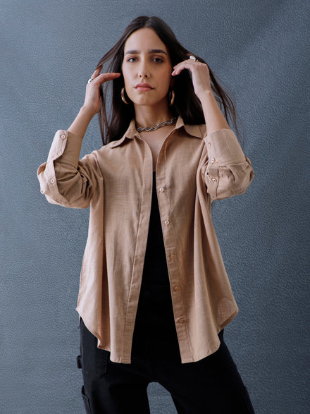 Women Oversize Beige Cotton Casual shirt
