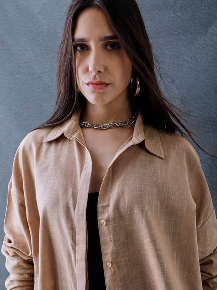 Women Oversize Beige Cotton Casual shirt