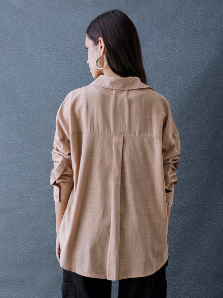 Women Oversize Beige Cotton Casual shirt