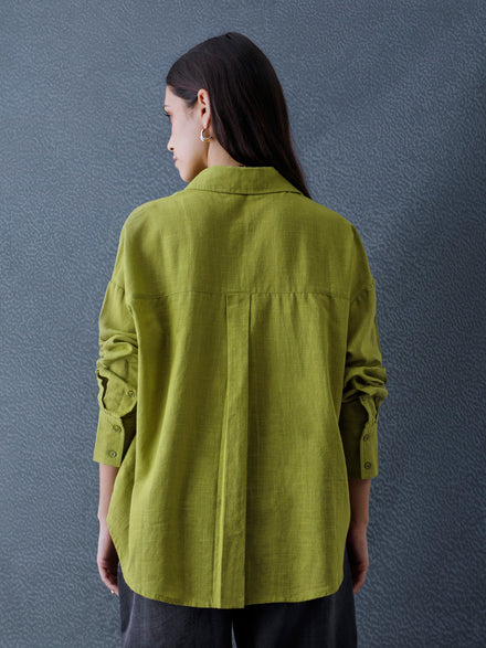 Women Oversize Pista Green Cotton Casual shirt