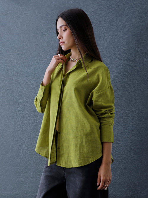 Women Oversize Pista Green Cotton Casual shirt