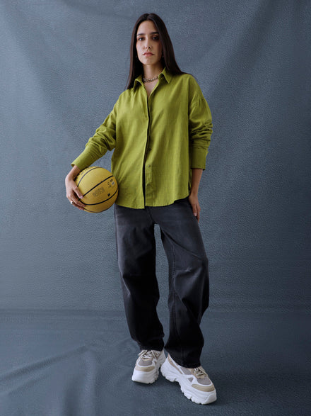 Women Oversize Pista Green Cotton Casual shirt
