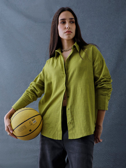 Women Oversize Pista Green Cotton Casual shirt
